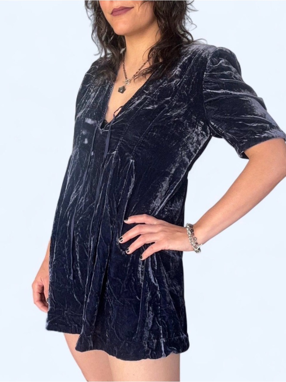 free people navy velvet babydoll mini dress - Picture 3 of 8